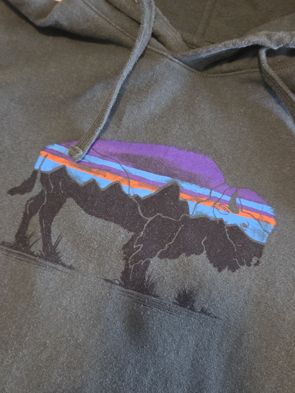 Patagonia Dark Green Crewneck Hoodie with Mountain Bison Graphic, Size Medium - Picture 2 of 8